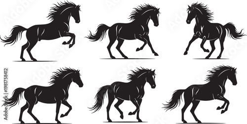 A striking collection of elegant horse silhouettes, meticulously crafted to showcase the dynamic beauty and powerful movement of equines in various galloping and trotting gaits