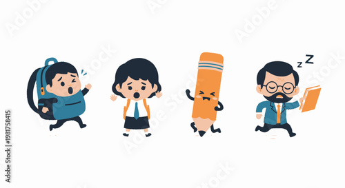 Cartoon Students and Pencil Running in Panic Towards School.