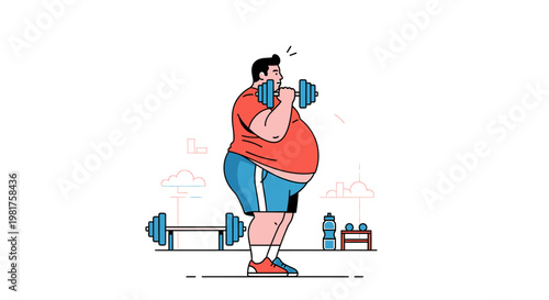 Overweight man struggling to lift weights during workout session.