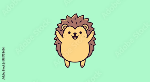 Happy cartoon hedgehog with open arms on a green background.