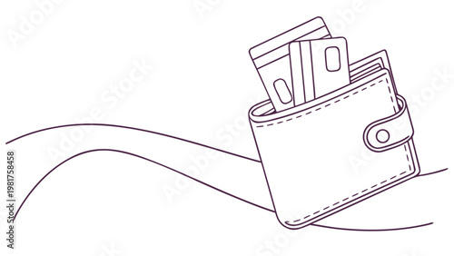 A minimalist, continuous line drawing of a bifold wallet. Two credit cards are shown tucked into the top of the wallet, and a simple strap with a button closure keeps it shut. To the left.