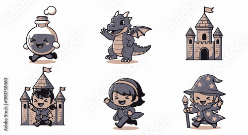Set of six cute chibi fantasy character icons.