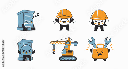 Cute Cartoon Construction Characters with Various Expressions and Tools.