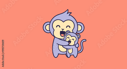 Adorable Cartoon Monkey Hugging Baby Monkey with Joyful Expression.