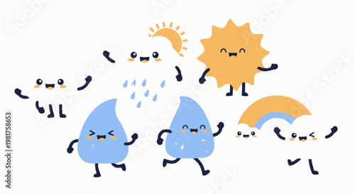 Cute Cartoon Weather Elements Smiling and Dancing in Joyful Scene.