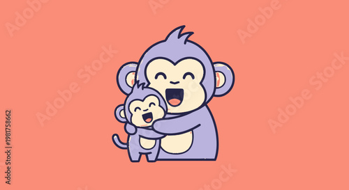 Adorable Cartoon Monkey Hugging Baby Monkey with Joyful Expression.