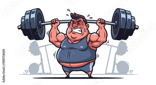 Overweight muscular man straining to lift a heavy barbell.
