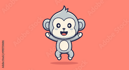 Adorable Cartoon Monkey Jumping with Joy on Pink Background.