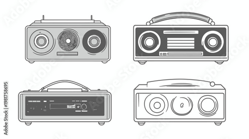 Four illustrated vintage portable stereo boomboxes of different styles, grayscale drawing