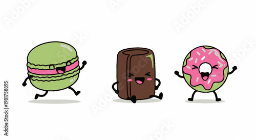 Delightful Cartoon Desserts - Macaron, Chocolate, and Donut Characters.