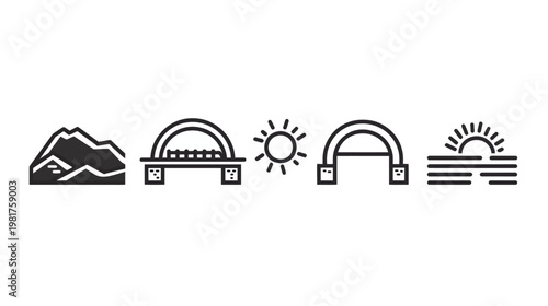 Minimalist icons of mountain, arch bridges, sun, and sunset over water on white background
