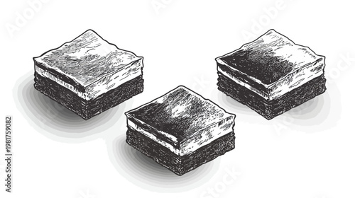 Hand-drawn illustration of three square layered pastries on a white background