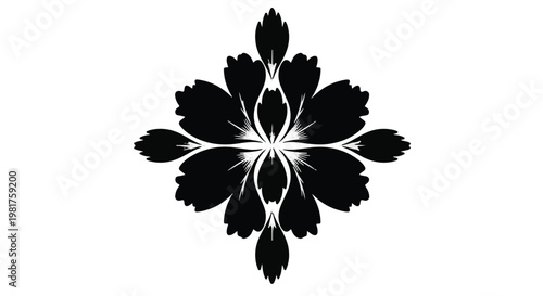 Floral pattern rendered as a symmetrical black silhouette creates a sophisticated ornamental design element suitable for luxury branding projects, stationery, or elegant interior wall art.