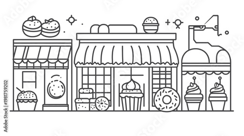 Vector line drawing of sweets shops with cakes, candies, and donuts on display
