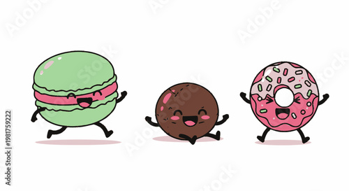 Delightful Cartoon Desserts - Macaron, Chocolate Ball, and Donut Characters.