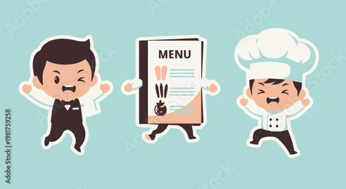 Cartoon Waiter Chef and Menu Displaying Food and Beverage Choices.