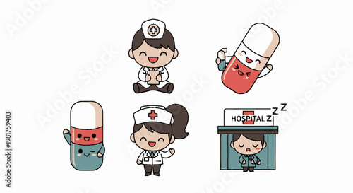 Cute Cartoon Medical Characters Nurse And Pill Mascots.