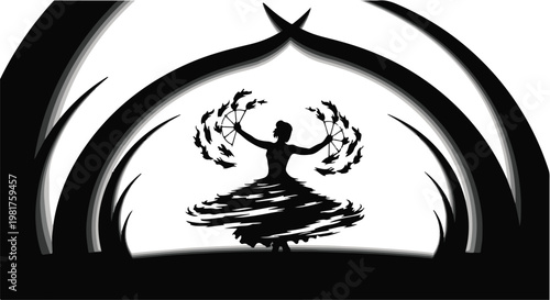 Dancer performing a graceful traditional fan dance within an abstract archway captures the elegance and expressive movement of cultural performance art through a high contrast silhouette.