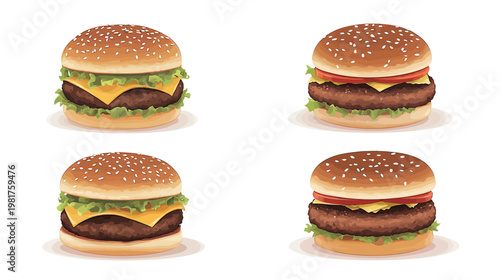 Four cartoon hamburgers with lettuce, cheese, and tomato on sesame seed buns
