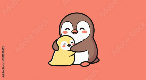 Adorable cartoon penguin embraces its baby with loving tenderness on coral background.