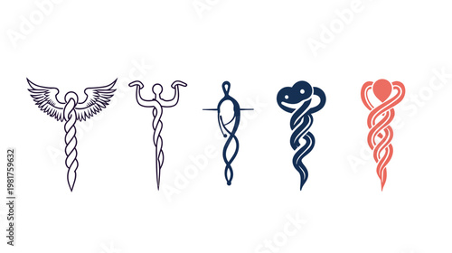 Five stylized staffs are lined in a row, each uniquely decorated with twisted or winged features