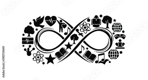 Infinity symbol composed of diverse icons signifying the boundless potential of human knowledge, encompassing science, arts, nature, and medicine within a continuous looping educational cycle.