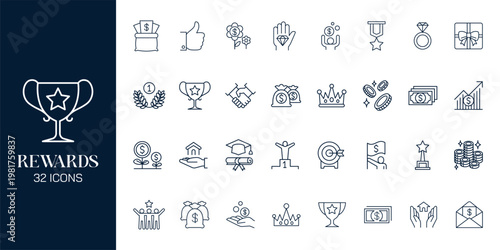 Reward and Loyalty Icon Set with Trophy, Badge, Coupon, Medal and Achievement Symbols Vector Collection