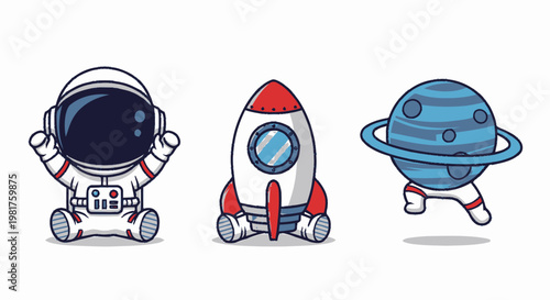 Cute Cartoon Astronaut, Rocket, and Planet Characters in Space.