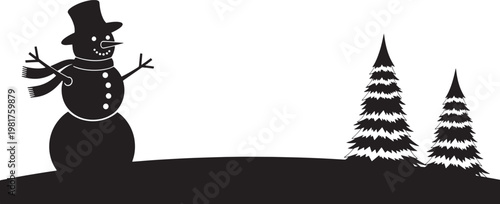 Black and white graphic silhouette showcasing a festive snowman in a top hat and scarf, accompanied by two pine trees on a snowy terrain, ideal for seasonal and holiday projects