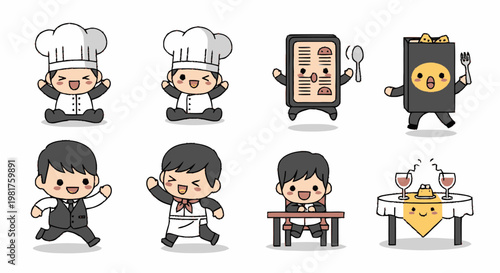 Charming Cartoon Characters Depicting Culinary Professionals and Restaurant Elements.