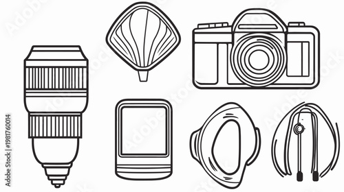 Outlined camera equipment lens, light, camera, recorder, microphone, and headphones