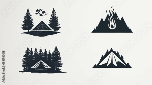 Collage of outdoor scenes trees, tents, mountains and fire, against a neutral background