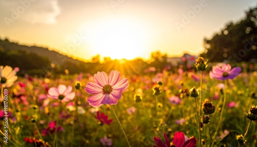 Cosmos flowers field at sunset