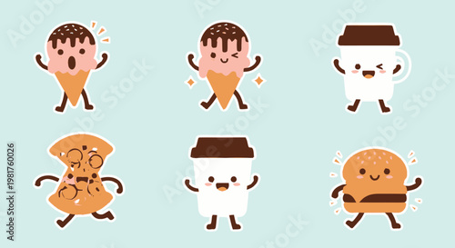 Delightful Cartoon Food Characters Displaying Joyful Expressions and Poses.