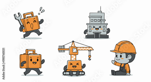 Cartoon Construction Crew - Cheerful Toolbox, Building, Crane, and Worker.