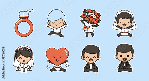 Cute Cartoon Wedding Characters and Elements on Blue Background.
