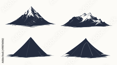 Four mountain peak silhouettes, two detailed, two simple, in navy ink against white
