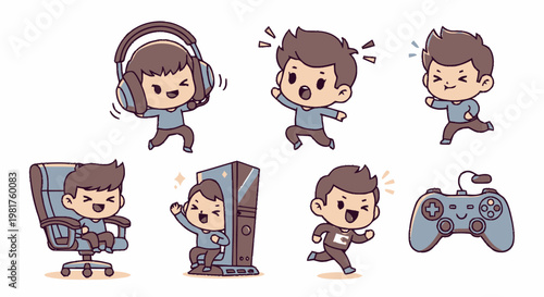 Cute Cartoon Characters Gaming and Playing Video Games with Joyful Expressions.