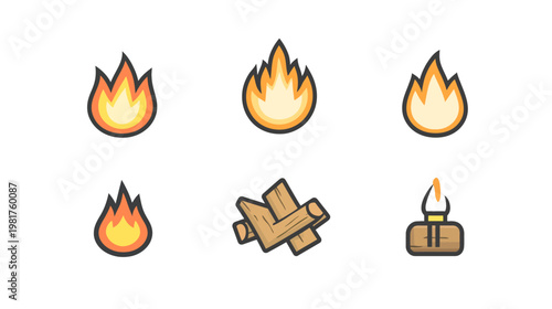 Cartoon images depicting different fire sources and logs in a simple, flat style