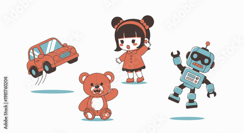 Cute Cartoon Characters - Girl, Robot, Teddy Bear, and Car.