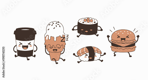 Delightful Cartoon Food Characters Displaying Joyful Expressions and Poses.