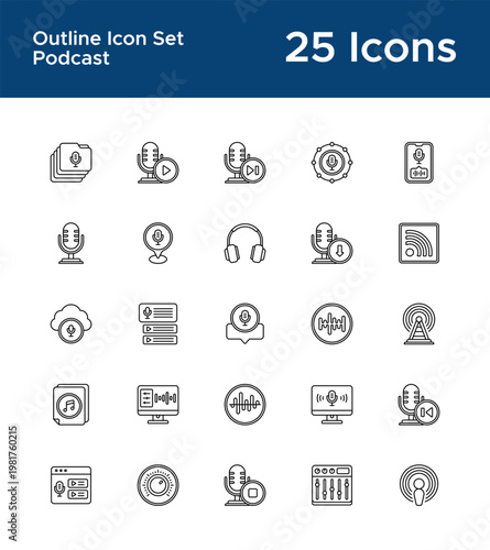 Podcast outline icon set for audio streaming app UI. Talk show, online radio, and digital broadcast line icons