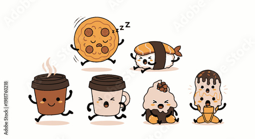 Delightful Cartoon Food Characters Displaying Various Emotions and Expressions.