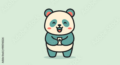 Adorable Cartoon Panda Bear Holding a Smartphone and Smiling.