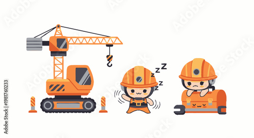 Cartoon Construction Crew with Crane and Workers in Orange Uniforms.
