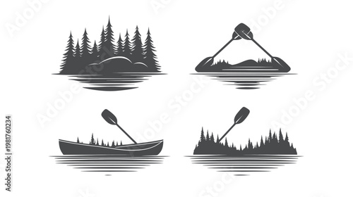 Silhouetted outdoor scenes depict trees on water with a canoe and paddles