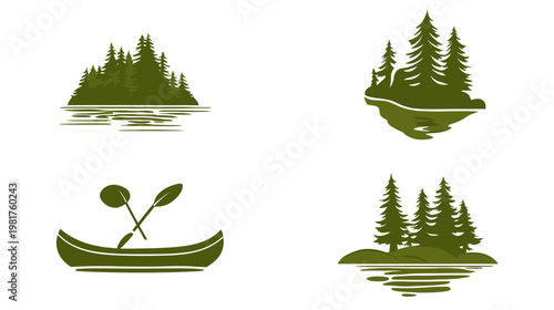 Four green icons forested islands, canoe with paddles, and reflected water designs