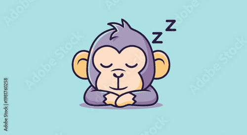Cute Cartoon Monkey Sleeping Peacefully with Closed Eyes on Blue Background.