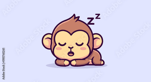 Cute Cartoon Monkey Sleeping Peacefully with Closed Eyes on Blue Background.