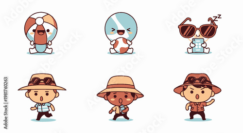 Cute Cartoon Characters in Summer Vacation Mode Posing Joyfully.